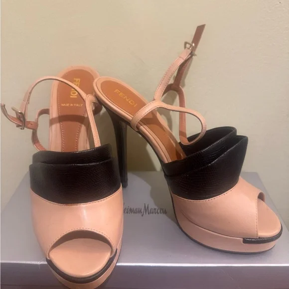 Fendi Black and Tan Peep-Toe Heels - Picture 5 of 5